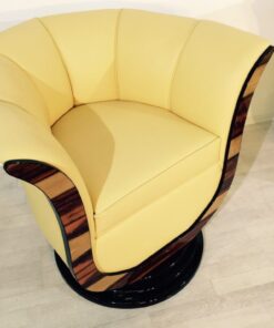 Art Deco tulip armchairs, unique form, highquality leather, macassar wood, highgloss black foot