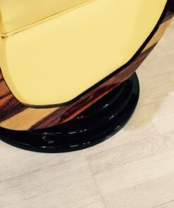 Art Deco tulip armchairs, unique form, highquality leather, macassar wood, highgloss black foot