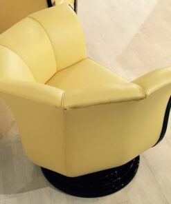 Art Deco tulip armchairs, unique form, highquality leather, macassar wood, highgloss black foot