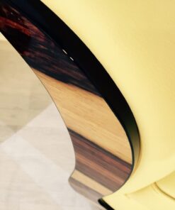 Art Deco tulip armchairs, unique form, highquality leather, macassar wood, highgloss black foot
