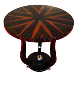 Art Deco Sidetable, table top made of luxurious makassarwood in starshape, curved table legs with piano lacquer, chrome applications on the foot
