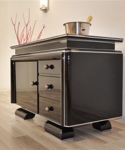 Art Deco Barsideboard, classic body, rotating chromebars, clean interior, 9 Whiskey glass inset, 1 big inset for a champagne cooler