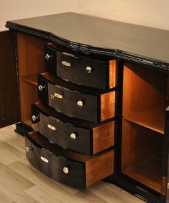 Belgian Art Deco Commode, beautiful ornamentations, highgloss, handpolished, chromefittings, original keys, rounded drawers