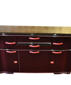 Art Deco Sideboard, unique Design with elegant doorswing, chromed handles and locks, pianolacquer on the outside / mattblack paintjob on the interior