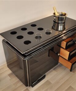 Art Deco Barsideboard, classic body, rotating chromebars, clean interior, 9 Whiskey glass inset, 1 big inset for a champagne cooler