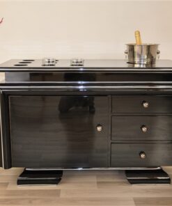 Art Deco Barsideboard, classic body, rotating chromebars, clean interior, 9 Whiskey glass inset, 1 big inset for a champagne cooler