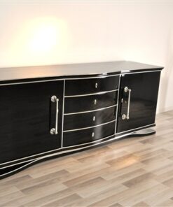 Art Deco Sideboard, galvanized fittings, highgloss black, big chromelines, hand polished, chrome keys
