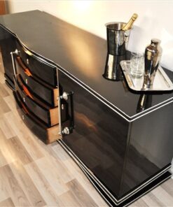 Art Deco Sideboard, galvanized fittings, highgloss black, big chromelines, hand polished, chrome keys