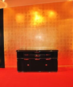 Art Deco Sideboard, unique Design with elegant doorswing, chromed handles and locks, pianolacquer on the outside / mattblack paintjob on the interior