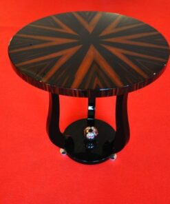 Art Deco Sidetable, table top made of luxurious makassarwood in starshape, curved table legs with piano lacquer, chrome applications on the foot
