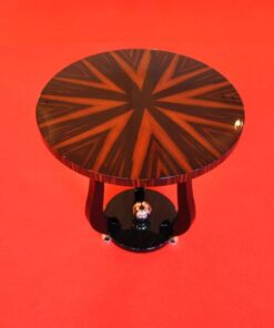 Art Deco Sidetable, table top made of luxurious makassarwood in starshape, curved table legs with piano lacquer, chrome applications on the foot