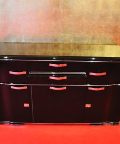 Art Deco Sideboard, unique Design with elegant doorswing, chromed handles and locks, pianolacquer on the outside / mattblack paintjob on the interior