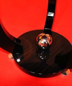 Art Deco Sidetable, table top made of luxurious makassarwood in starshape, curved table legs with piano lacquer, chrome applications on the foot
