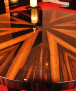 Art Deco Sidetable, table top made of luxurious makassarwood in starshape, curved table legs with piano lacquer, chrome applications on the foot