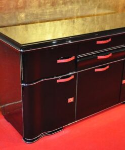 Art Deco Sideboard, unique Design with elegant doorswing, chromed handles and locks, pianolacquer on the outside / mattblack paintjob on the interior