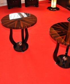 Art Deco Sidetable, table top made of luxurious makassarwood in starshape, curved table legs with piano lacquer, chrome applications on the foot