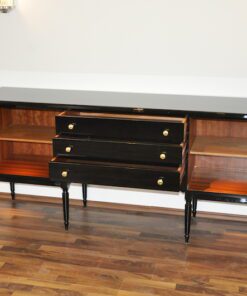 Art Deco Commode, highgloss / black, brass fittings, handpolished, 3 drawers, two shelves