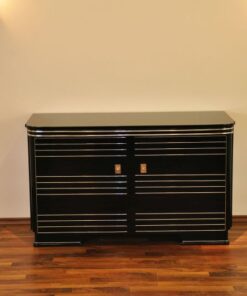 Art Deco Commode, highgloss black with 12-layers of lacquer, beautiful chrome applications on the doors, red interior, unique furniture from france