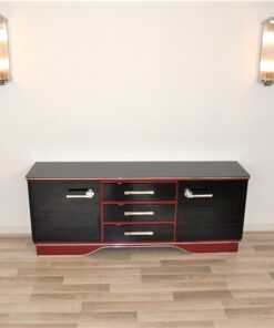 Art Deco Commode, extravagant and elegant design, two colred highgloss lacquers (Summer Cherry Red/ Piano Black), big chromehandles