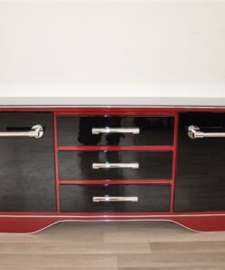 Art Deco Commode, extravagant and elegant design, two colred highgloss lacquers (Summer Cherry Red/ Piano Black), big chromehandles