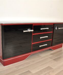 Art Deco Commode, extravagant and elegant design, two colred highgloss lacquers (Summer Cherry Red/ Piano Black), big chromehandles