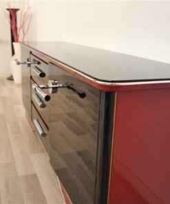 Art Deco Commode, extravagant and elegant design, two colred highgloss lacquers (Summer Cherry Red/ Piano Black), big chromehandles