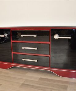 Art Deco Commode, extravagant and elegant design, two colred highgloss lacquers (Summer Cherry Red/ Piano Black), big chromehandles