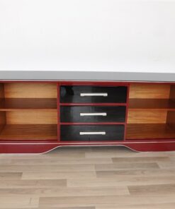 Art Deco Commode, extravagant and elegant design, two colred highgloss lacquers (Summer Cherry Red/ Piano Black), big chromehandles
