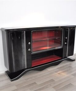 Art Deco Lowboard, curved foot, red interior - Absolute Eyecatcher!, big showcase-compartment with chromapplications, highgloss black pianolacquer