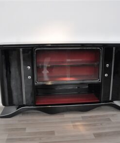 Art Deco Lowboard, curved foot, red interior - Absolute Eyecatcher!, big showcase-compartment with chromapplications, highgloss black pianolacquer