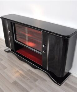 Art Deco Lowboard, curved foot, red interior - Absolute Eyecatcher!, big showcase-compartment with chromapplications, highgloss black pianolacquer