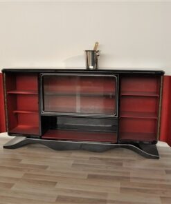 Art Deco Lowboard, curved foot, red interior - Absolute Eyecatcher!, big showcase-compartment with chromapplications, highgloss black pianolacquer