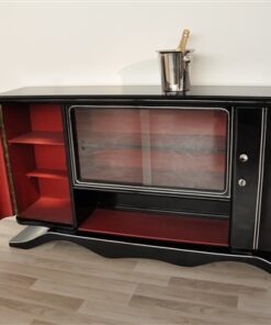 Art Deco Lowboard, curved foot, red interior - Absolute Eyecatcher!, big showcase-compartment with chromapplications, highgloss black pianolacquer