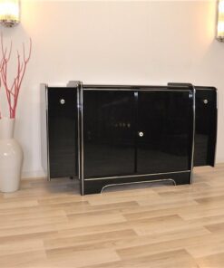 Art Deco Sideboard, mirrored back plate, red bar extensions on both sides, 3 shelves, highglossblack with chrome applications