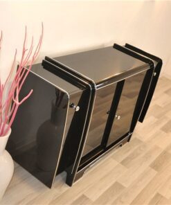 Art Deco Sideboard, mirrored back plate, red bar extensions on both sides, 3 shelves, highglossblack with chrome applications
