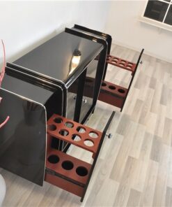 Art Deco Sideboard, mirrored back plate, red bar extensions on both sides, 3 shelves, highglossblack with chrome applications