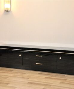 Art Deco Lowboard, pianolacquer in highgloss black, handpolished, timeless design with chromeline, France 1938