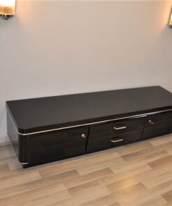 Art Deco Lowboard, pianolacquer in highgloss black, handpolished, timeless design with chromeline, France 1938