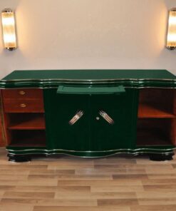 XXL Art Deco Sideboard, Jaguar racing green pianolacquer, massive chromhandles, 4 swung doors, Belgium1929, plenty of storage space