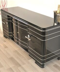 Massive XXL Art Deco Sideboard,highgloss black finish, wonderful body, big chromeapplications, handpolished