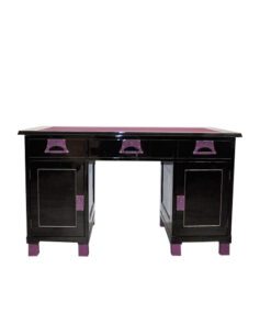 Art Deco Desk, unique Design, pink fittings, pink topplate and feet, clean interior in black, painted backboard