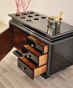 Art Deco Barsideboard, classic body, rotating chromebars, clean interior, 9 Whiskey glass inset, 1 big inset for a champagne cooler
