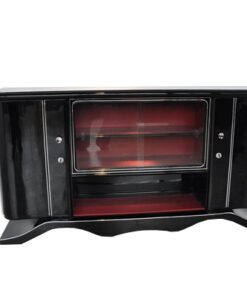 Art Deco Lowboard, curved foot, red interior - Absolute Eyecatcher!, big showcase-compartment with chromapplications, highgloss black pianolacquer