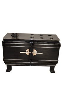 Art Deco Bar, highgloss black, handpolished , unique Design, chromebars, massive chromed steelfittings, big curved feet
