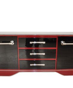 Art Deco Commode, extravagant and elegant design, two colred highgloss lacquers (Summer Cherry Red/ Piano Black), big chromehandles
