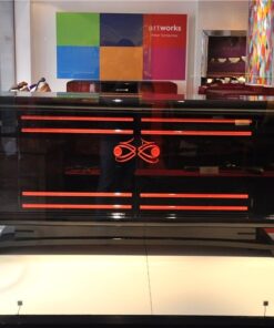 Art Deco Sideboard, wonderful Design, red ornamentation, interior and fittings also in red, big curved doors, 2 big drawers