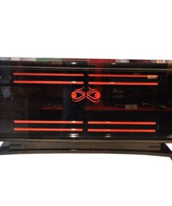 Art Deco Sideboard, wonderful Design, red ornamentation, interior and fittings also in red, big curved doors, 2 big drawers