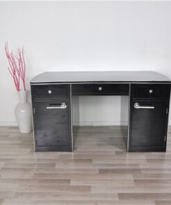 Art Deco Desk, wonderful curved body, highgloss black, big chromeline, hand polished, rare furniture