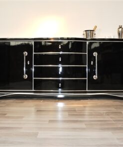 Art Deco Sideboard, galvanized fittings, highgloss black, big chromelines, hand polished, chrome keys