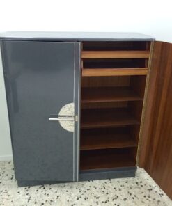 Art Deco Cabinet, circulating chromebars, big chrome fittings, handpolished, shelves and drawers